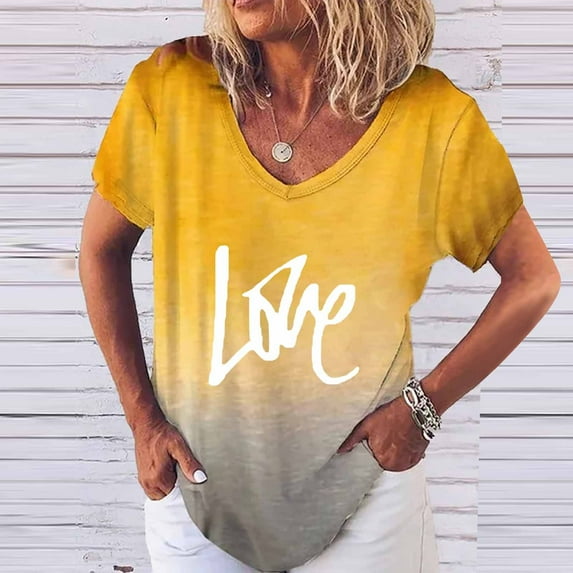 Teissuly Women's casual short-sleeved V-neck gradient positioning printing T-shirt