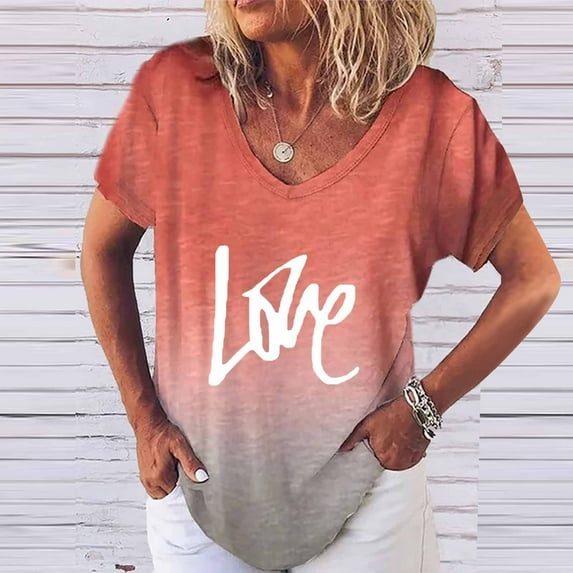 Teissuly Women's casual short-sleeved V-neck gradient positioning printing T-shirt