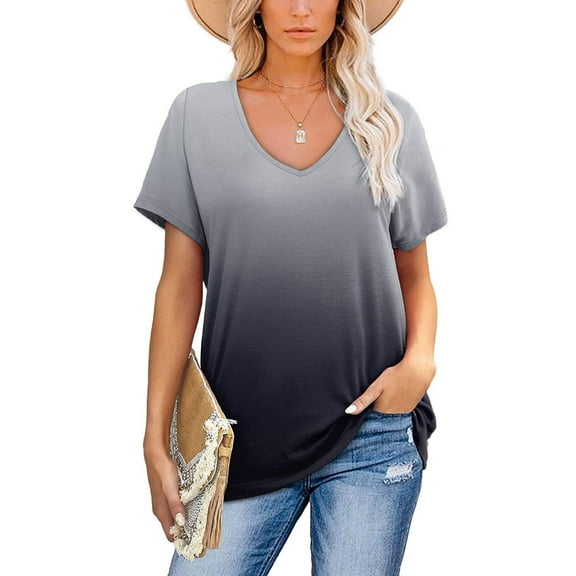Teissuly Womens Fashion Gradient Color V-Neck Short Sleeve T-shirt Tops Blouse