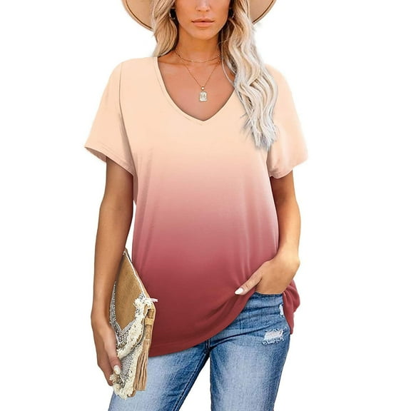Teissuly Womens Fashion Gradient Color V-Neck Short Sleeve T-shirt Tops Blouse
