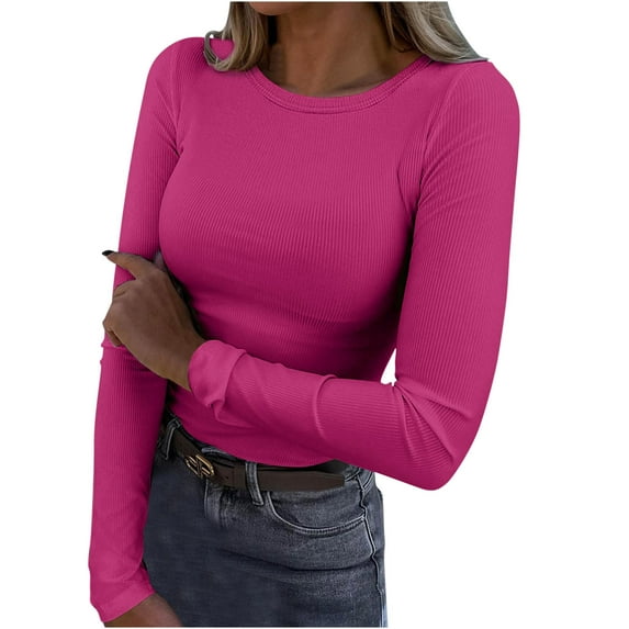 Teissuly Womens Long Sleeve Scoop Neck Ribbed Knit Fitted Casual Tops Tee Slim Basic Shirts