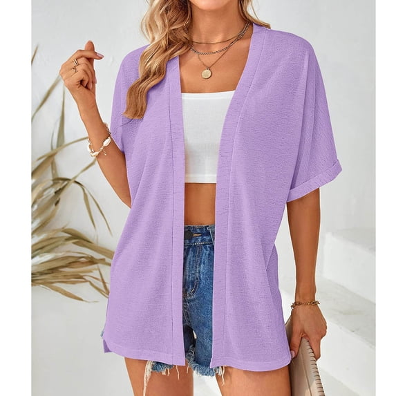 Teissuly Womens Spring And Summer Short SleevesV-NeckSolid Color Casual Cardigan Solid Color Cover Up