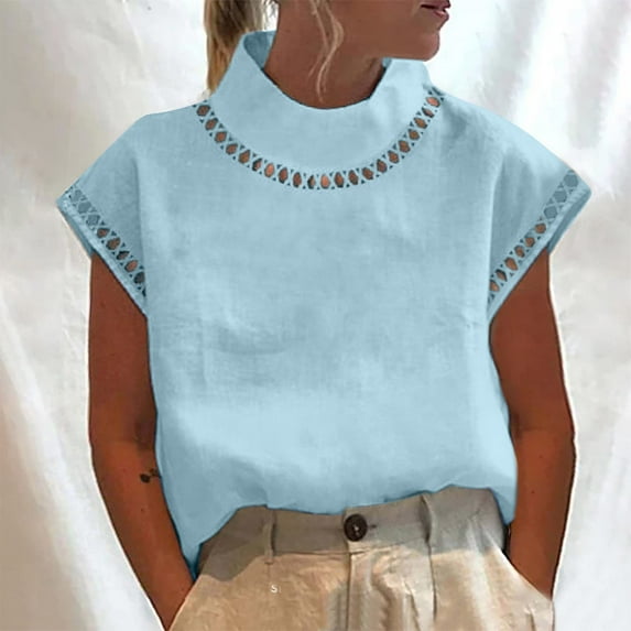 Teissuly Womens Spring And Summer Solid Cut Out Top Casual High Neck Linen Lace Breathable T-Shirt