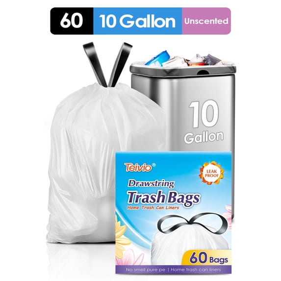 Teivio 10 Gallon Drawstring Trash Bags 60 Counts Medium Kitchen Garbage Bags fit 30-35 Liter Garbage Bin, Large Trash Can Liners for Home, Office, Light Residential Waste Outdoor Lawn Bags, White
