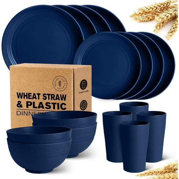 Teivio 16-Piece Kitchen Plastic Wheat Straw Dinnerware Set, Service for 4, Dinner Plates, Dessert Plate, Cereal Bowls, Cups, Unbreakable Plastic Outdoor Camping Dishes, Midnight Blue