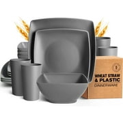 Teivio 16-piece Plastic Wheat Straw Square Dinnerware Set for 4, Unbreakable Dinner Plates, Salad Plates, Snack Bowls, Tumblers 20 oz, Dishwasher Safe, Grey