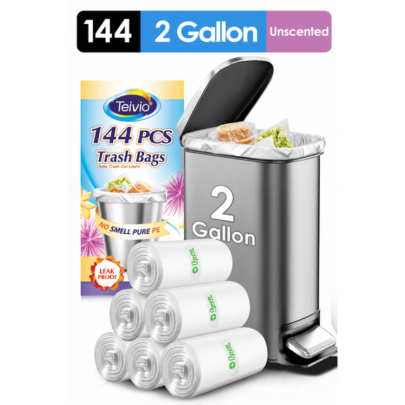 Teivio 2 Gallon 180 Counts Small Trash Bags Garbage Bags, fit 6-7.5 Liter Waste Basket, 1.8-2 Gal Strong Trash Can Liners for Home Office Kitchen Bathroom Bedroom, Clear