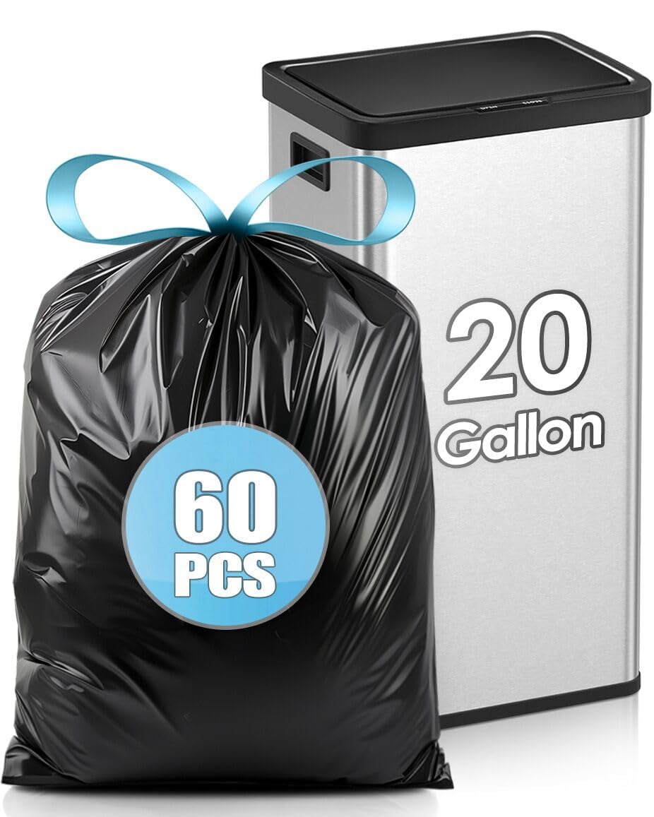 Teivio 20 Gallon 60 TSF6Counts (fit 18-20 Gal) Drawstring Trash Bags Strong Tall Kitchen Compactor Bags Garbage Bags for Home/Office/Light Residential Waste/Outdoor Trash Can, Black Lawn Bags