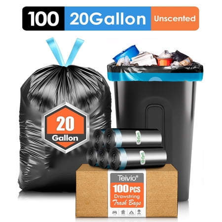 Teivio 20 Gallon Large Drawstring Trash Bags Fit 20-21 Gal, 100 Counts Heavy Duty Tall Kitchen Garbage Liners, Large Trash Bags Size Chart for Home, Office, Outdoor Lawn and Leaf Bags, Black