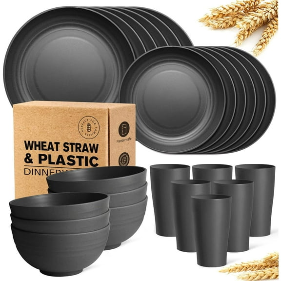 Teivio 24-Piece Kitchen Plastic Wheat Straw Dinnerware Set, Service for 6, Dinner Plates, Dessert Plate, Cereal Bowls, Cups, Unbreakable Plastic Outdoor Camping Dishes, Black