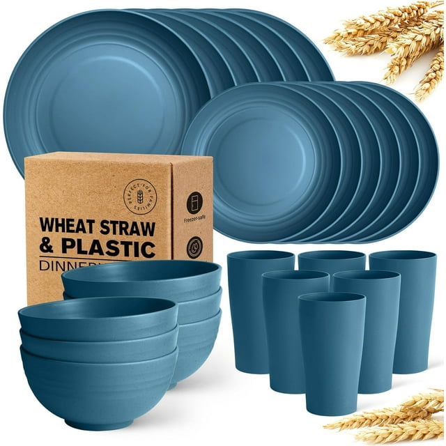 Teivio 24-Piece Kitchen Wheat Straw Dinnerware Set, Service for 6, Dinner Plates, Dessert Plate, Cereal Bowls, Cups, Unbreakable Plastic Outdoor Camping Dishes, Dark Blue