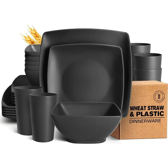 Teivio 24-piece Plastic Wheat Straw Square Dinnerware Set for 6, Unbreakable Dinner Plates, Salad Plates, Snack Bowls, Tumblers 13.5 oz, Dishwasher Safe, Black