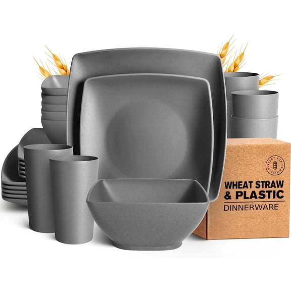 Teivio 24-piece Plastic Wheat Straw Square Dinnerware Set for 6, Unbreakable Dinner Plates, Salad Plates, Snack Bowls, Tumblers 20 oz, Dishwasher Safe (Service for 6 (24 pieces), Grey)