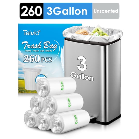 Teivio 3 Gallon(Fit 3-3.2 Gal)260 Counts Strong Trash Bags 3 Gallon 3.2 Gallon Garbage Bags by Teivio, Bathroom Trash Can Bin Liners, Small Plastic Bags for Home Office Kitchen Kitchen(Clear)