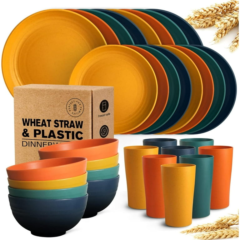 Teivio 32 Piece Kitchen Plastic Wheat Straw Dinnerware Set Service for 8 Dinner Plates Dessert Plate Cereal Bowls Cups Unbreakable Colorful Plastic Outdoor Camping Dishes Autumn Multicolor Walmart