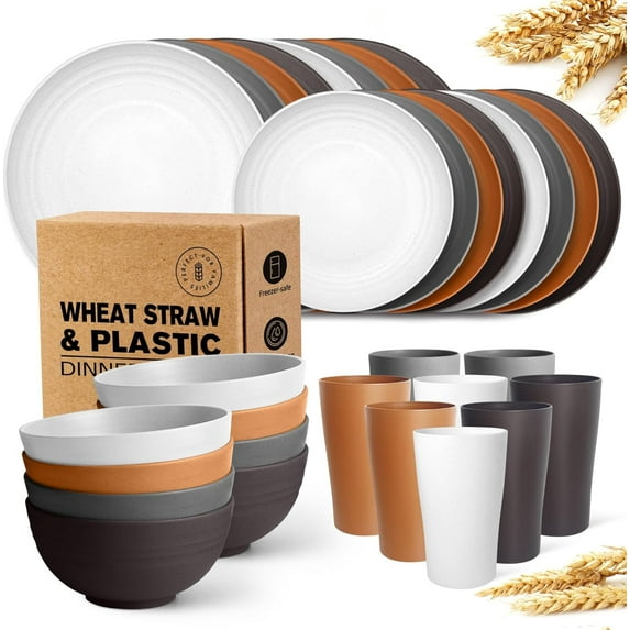 Teivio 32-Piece Kitchen Plastic Wheat Straw Dinnerware Set, Service for 8, Dinner Plates, Dessert Plate, Cereal Bowls, Cups, Unbreakable Colorful Plastic Outdoor Camping Dishes, Farmhouse