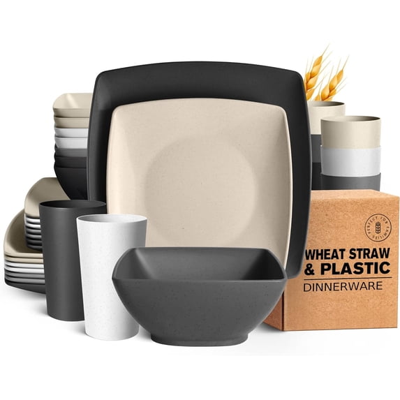 Teivio 32-piece Plastic Wheat Straw Square Dinnerware Set for 8, Unbreakable Dinner Plates, Salad Plates, Snack Bowls, Tumblers 20 oz, Dishwasher Safe, Stone