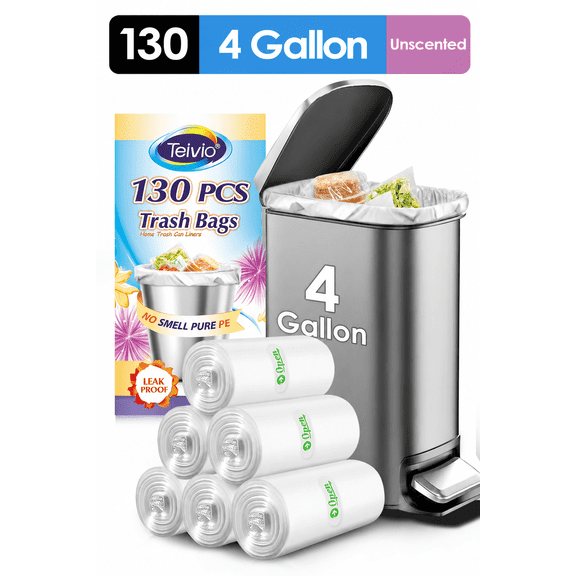 Teivio 4 Gallon 130 Counts Small Trash Bags Garbage Bags, Bathroom Trash Can Bin Liners, Small Plastic Bags for home office kitchen, fit 12-15 Liter, 3,3.5,4.5 Gal, Clear