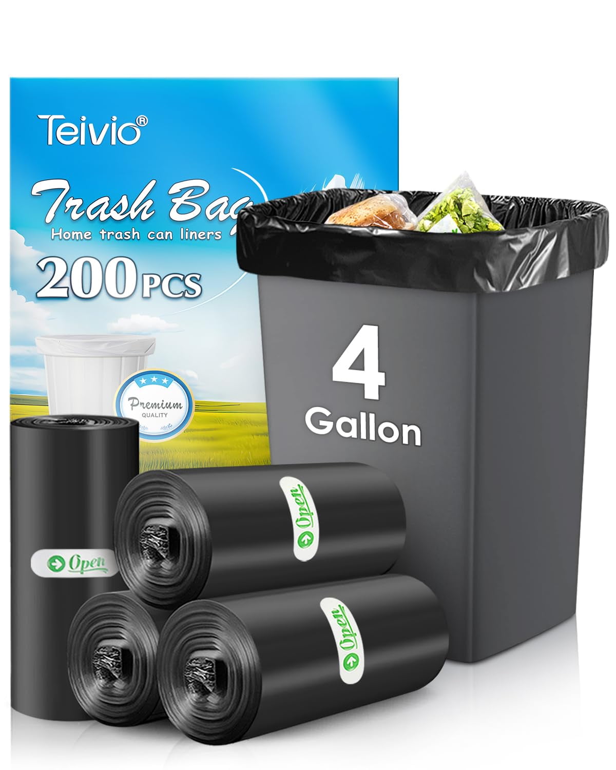 Teivio 4 Gallon 200 TSF6Counts Strong Trash Bags Garbage Bags, Bathroom Trash Can Bin Liners, Small Plastic Bags for Home Office Kitchen Kitchen (Black)