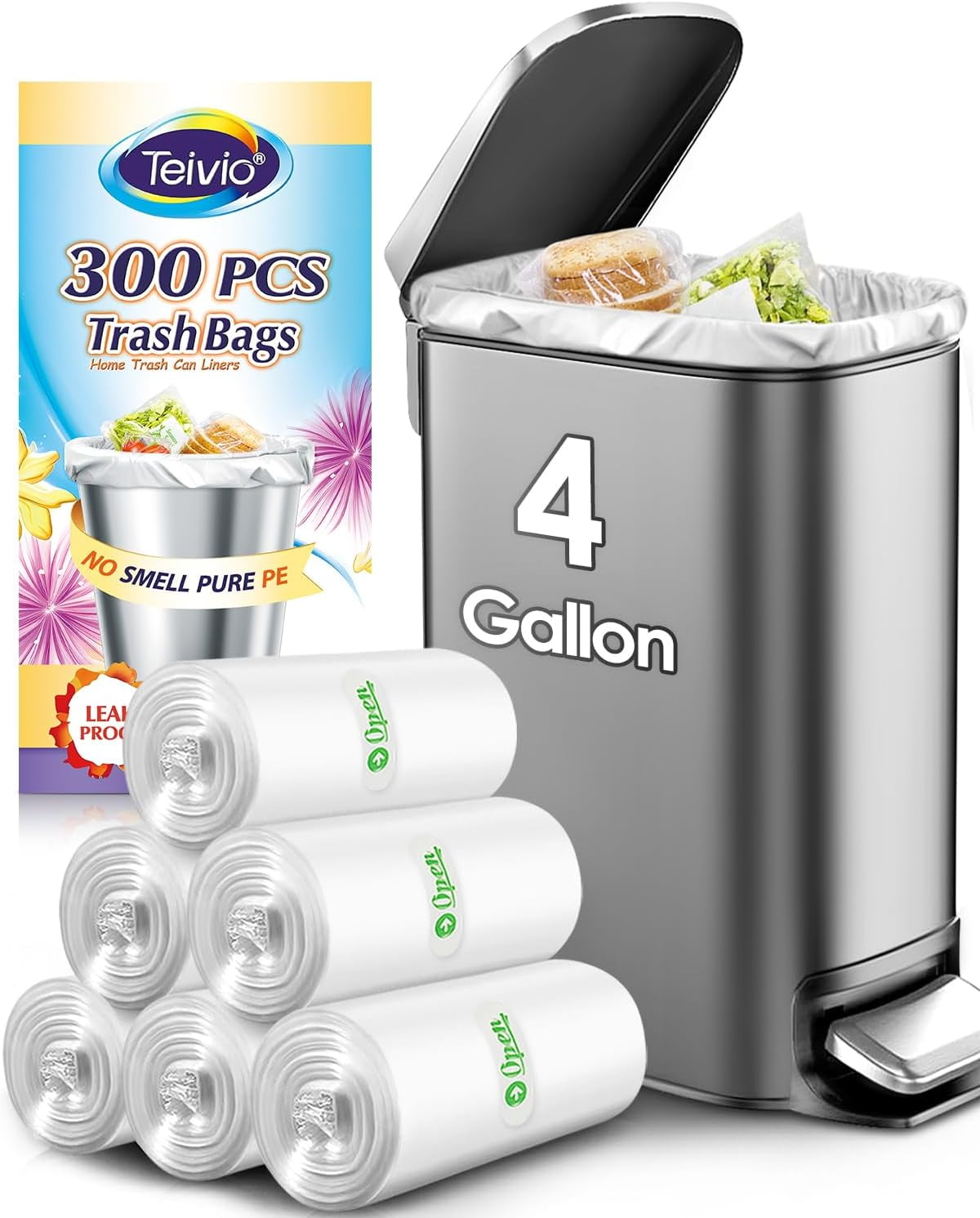 Teivio 4 Gallon 300 Counts Strong Clear Trash Bags Garbage Bags, Mini Waste Basket Liners,Bathroom Trash Can Bin Liners, Small Plastic Bags for Home Office Kitchen Car Bedroom Dog waste Baby Diaper