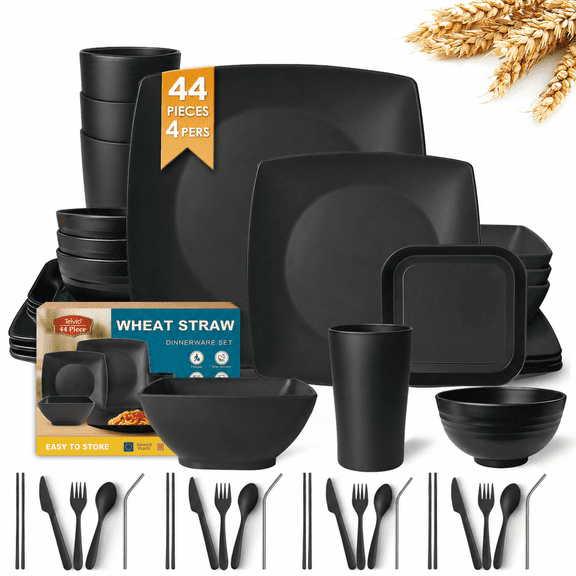 Teivio 44-piece Plastic Wheat Straw Square Dinnerware Set for 4, Unbreakable Dinner Plates, Salad/Tidbit Plates, Snack/Fruit Bowls, Tumblers 13.5oz, Flatware, Dishwasher Safe Outdoor RV Dishes, Black