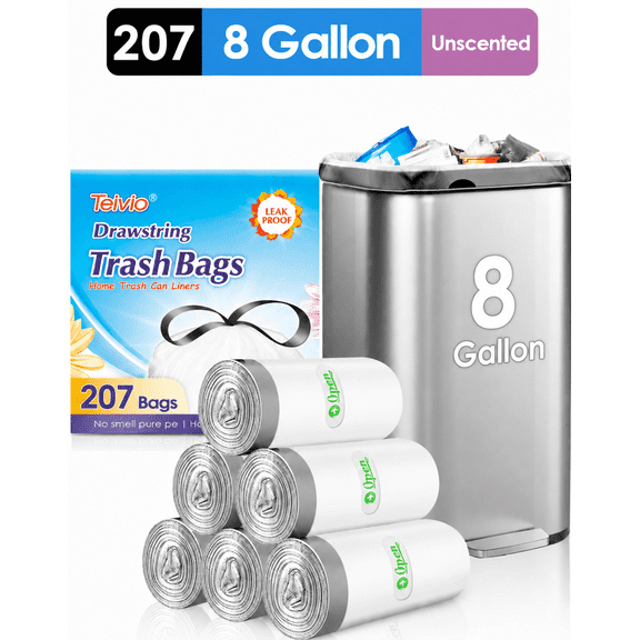 Teivio 8 Gallon 207 Counts Strong Drawstring Trash Bags Garbage Bags, Medium Kitchen Bathroom Bin Liners, Plastic Trash Bags for Home Office, White