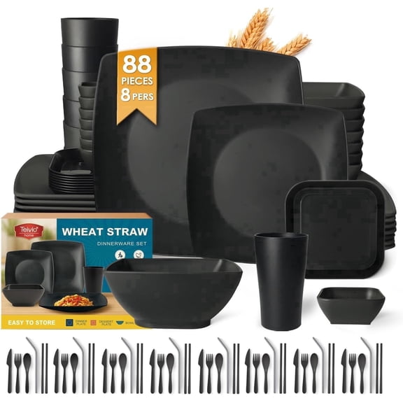 Teivio 88-piece with Flatware Plastic Kitchen Wheat Straw Square Dinnerware Set for 8, Unbreakable Plates and Bowls Sets, Dipping Sauce Cups,13.5oz Cup, Dishwasher Safe Dish,Black