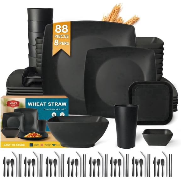 Teivio 88-piece With Flatware Plastic Kitchen Wheat Straw Square Dinnerware Set for 8, Unbreakable Dinner/Salad/Appetizer Plates, Snack Bowls, Dipping Sauce Cups,Tumblers, Dishwasher Safe Dish,Black