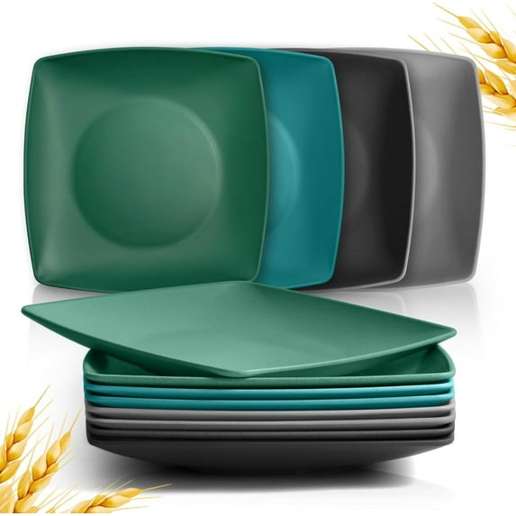Teivio Plastic Wheat Straw Square Plate Set 4-Piece, 10.6 Inch Reusable Deep Dinner Plates, Large Plastic Dinnerware Dishes Set for Party Wedding, Unbreakable Dishwasher Safe, Autumn Multicolor