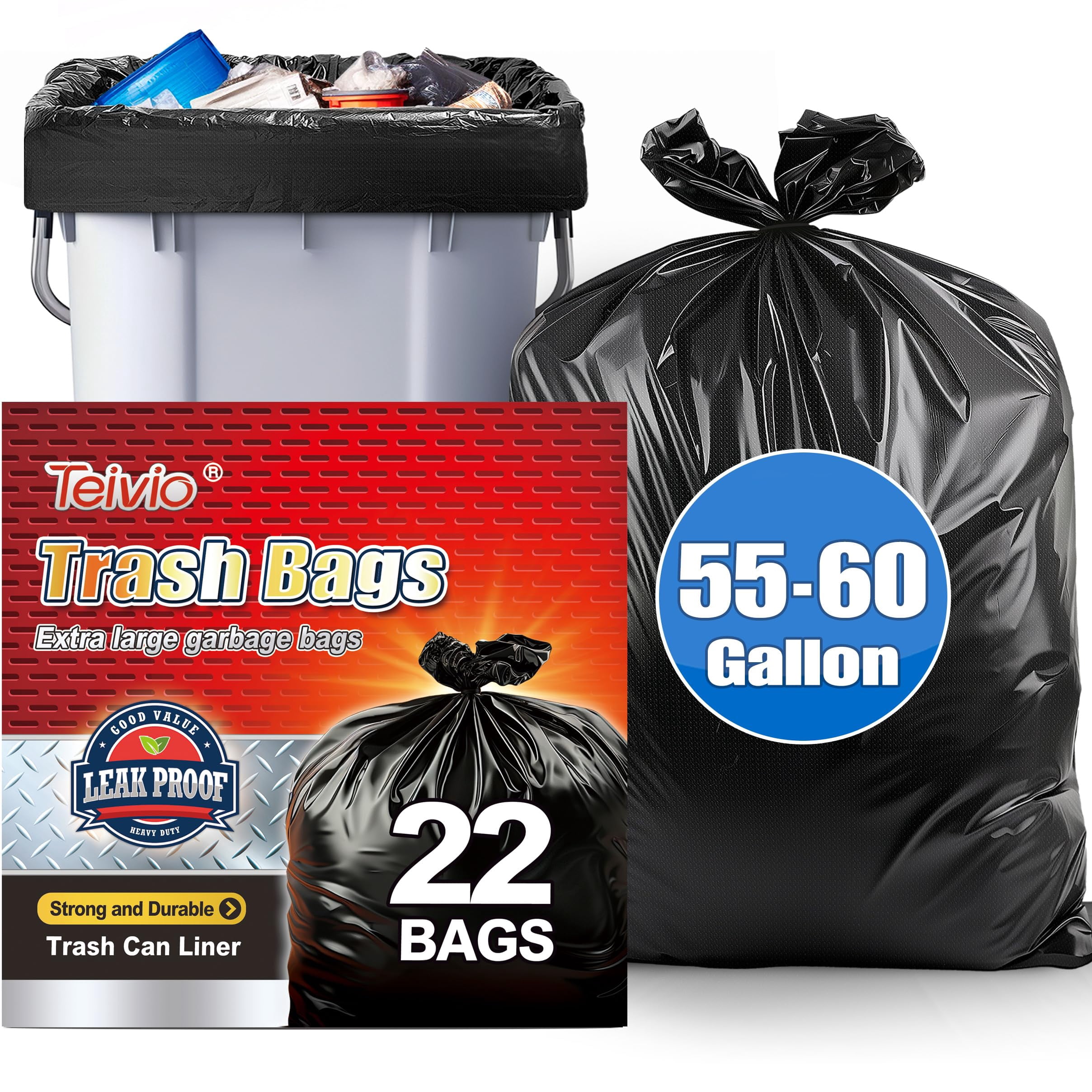 Teivio Trash Bags, 40-45 Gallon, 30 Count, Black, For Bathroom, Office ...