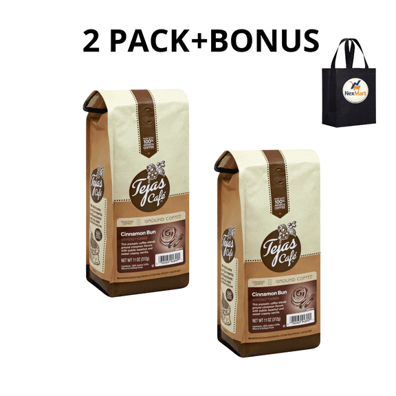 Tejas Cafe Cinnamon Bun Ground Coffee 11 oz 2 PK+ Bonus