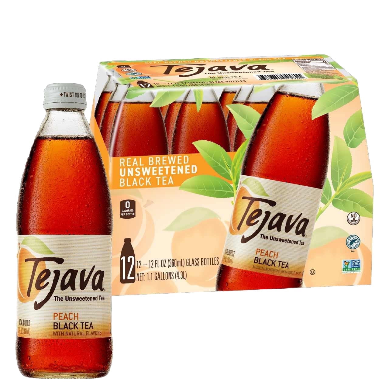 Tejava Tea Bottled Tejava Peach Black Tea, 12-Pack, 12 oz Glass, Unsweetened, Ready-to ...