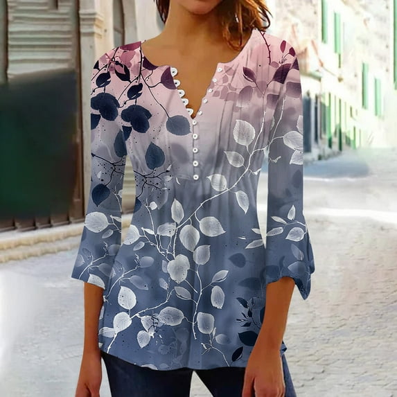 Tejiojio 2024 Fall Tunic Tops Women Fashion Printed Casual V-Neck 3/4 Sleeve Loose T-Shirt Blouse Tops Plus Size Cotton Womens Mexican Floral Print Blouses/Tops