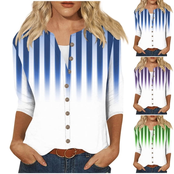 Tejiojio 2024 Fall Women's Fashion Printed Loose T-shirt 3/4 Sleeves Blouse Round Neck Buttons Tops Womens Petite Plus