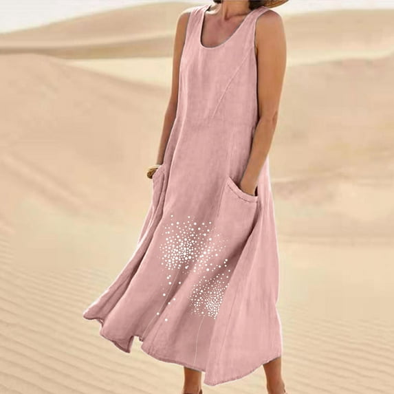 Tejiojio 2024 Women's Sleeveless Cotton And Linen Round Neck Printed Long Dress Womens Casual Mini Dress Loose V Neck Backless Pleated Short Tank Sundress with Pockets