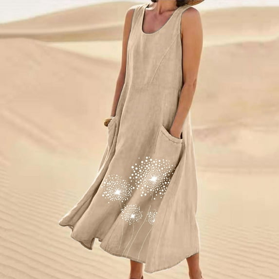 Tejiojio 2024 Women's Sleeveless Cotton And Linen Round Neck Printed Long Dress Womens Casual Mini Dress Loose V Neck Backless Pleated Short Tank Sundress with Pockets