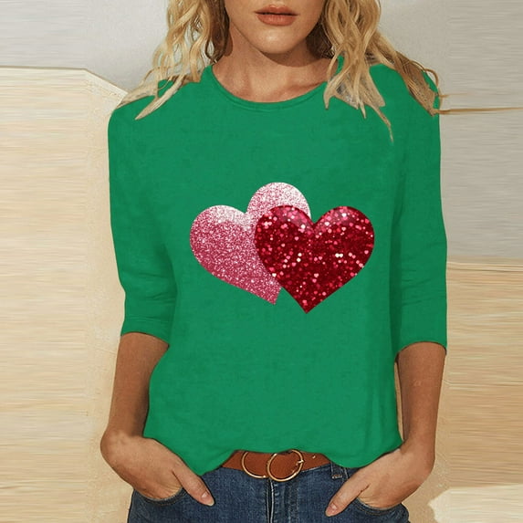Tejiojio 2025 New Year Valentine's Day Shirt Love Letter Heart Graphic Tshirt Valentine Gift Tee Tops Round Neck 3/4 Sleeve Top