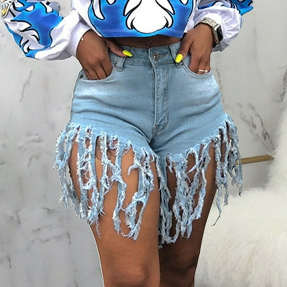 Tejiojio Active Women's Summer Women Fashion Slim Funny High Waist Short Jeans Tassel Denim Regular Pants