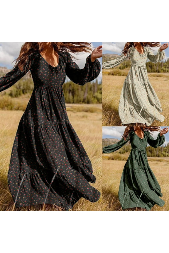 Autumn Winter Fashion Women Casual Floral Printed O-Neck Long Sleeve Dress