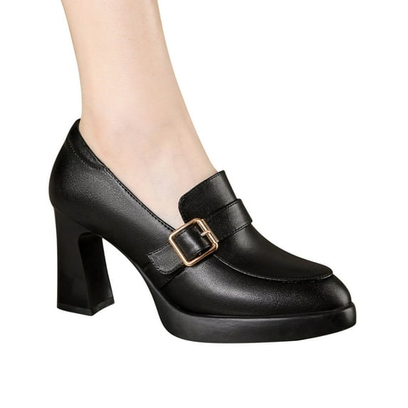 Tejiojio Birthday Gifts for Women,Women's Four Seasons Round Head Low Top Vintage Metal Button Thick Sole Thick High Heel Deep Mouth Single Shoe