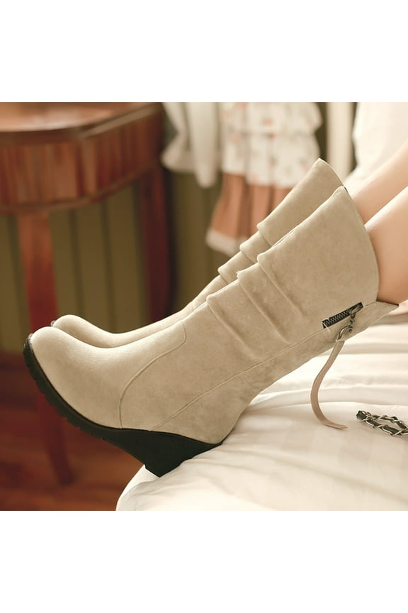 Casual Shoes for Women Trendy,Solid Color Suede Upper Zip Wedge Heels Warm Winter Wear-resistant Cowboy
