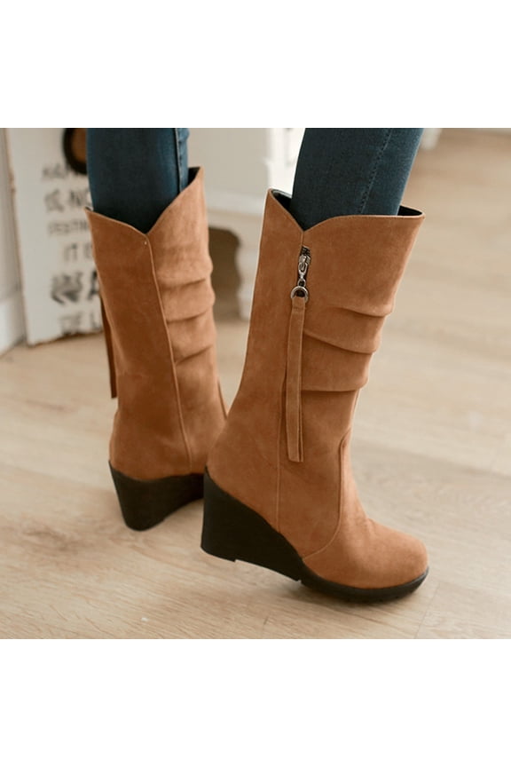Casual Shoes for Women Trendy,Solid Color Suede Upper Zip Wedge Heels Warm Winter Wear-resistant Cowboy