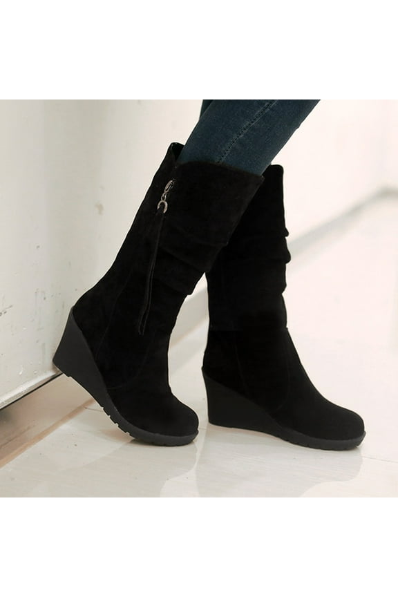 Casual Shoes for Women Trendy,Solid Color Suede Upper Zip Wedge Heels Warm Winter Wear-resistant Cowboy