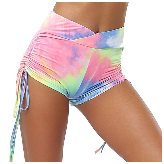 Tejiojio Casual Women's Shorts Lady's Tight Tie-dye Stitching Irregular Mid-waist Tied Sports Shorts