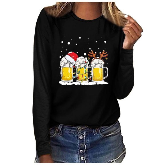 Tejiojio Christmas Matching Women Christmas Casual Long Sleeve O-neck beer Sweatshirt Pullover Blouse