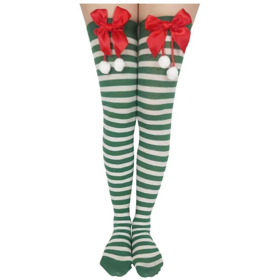 Tejiojio Christmas Matching Women Christmas Long Tube Knee Socks Striped Garter Bow Hair Ball Christmas Party