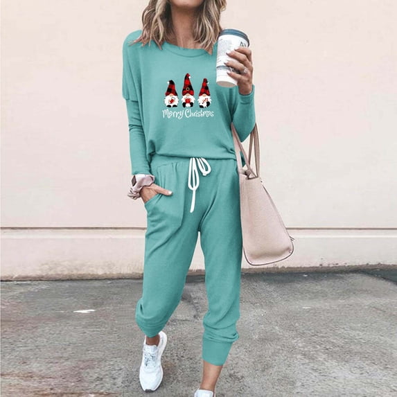 Tejiojio Christmas Womens Workout Sets Print Long Sleeve Sport Pullover Leisure Crop Tops + Pants Set