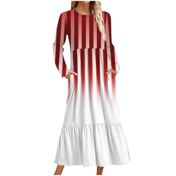 Tejiojio Classic Slim Dress for Women Spring Fall Long Sleeve Maxi Fashion Casual Printed/Colorblock Long Sleeved Round-Neck Dress