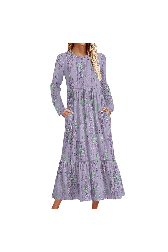 Classic Slim Dress for Women Spring Fall Long Sleeve Maxi Womens Fashion Casual Printed/Colorblock Long Sleeve Round-Neck Dress