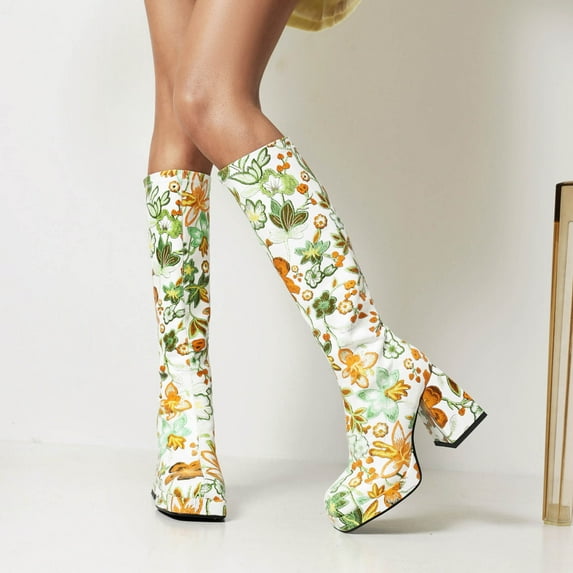 Tejiojio Clearance Autumn And Winter Flowers Color Matching Thick High-heeled Platform Women's Sleeve High Boots